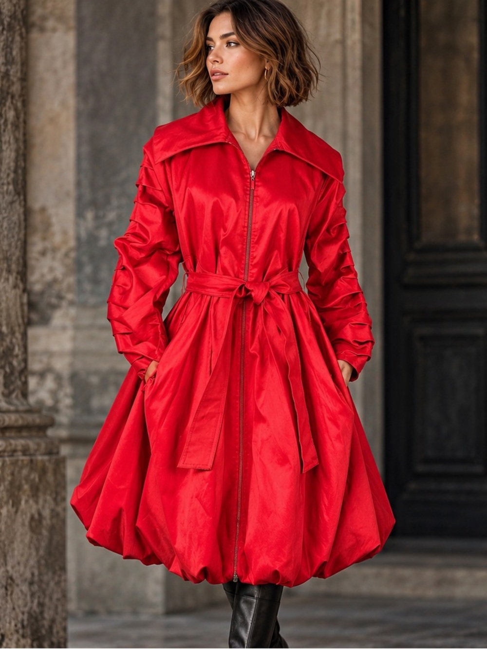 Samuel Dong Red A-Line Balloon Hem Zip Front Holiday Coat Dress Ruched Sleeve M